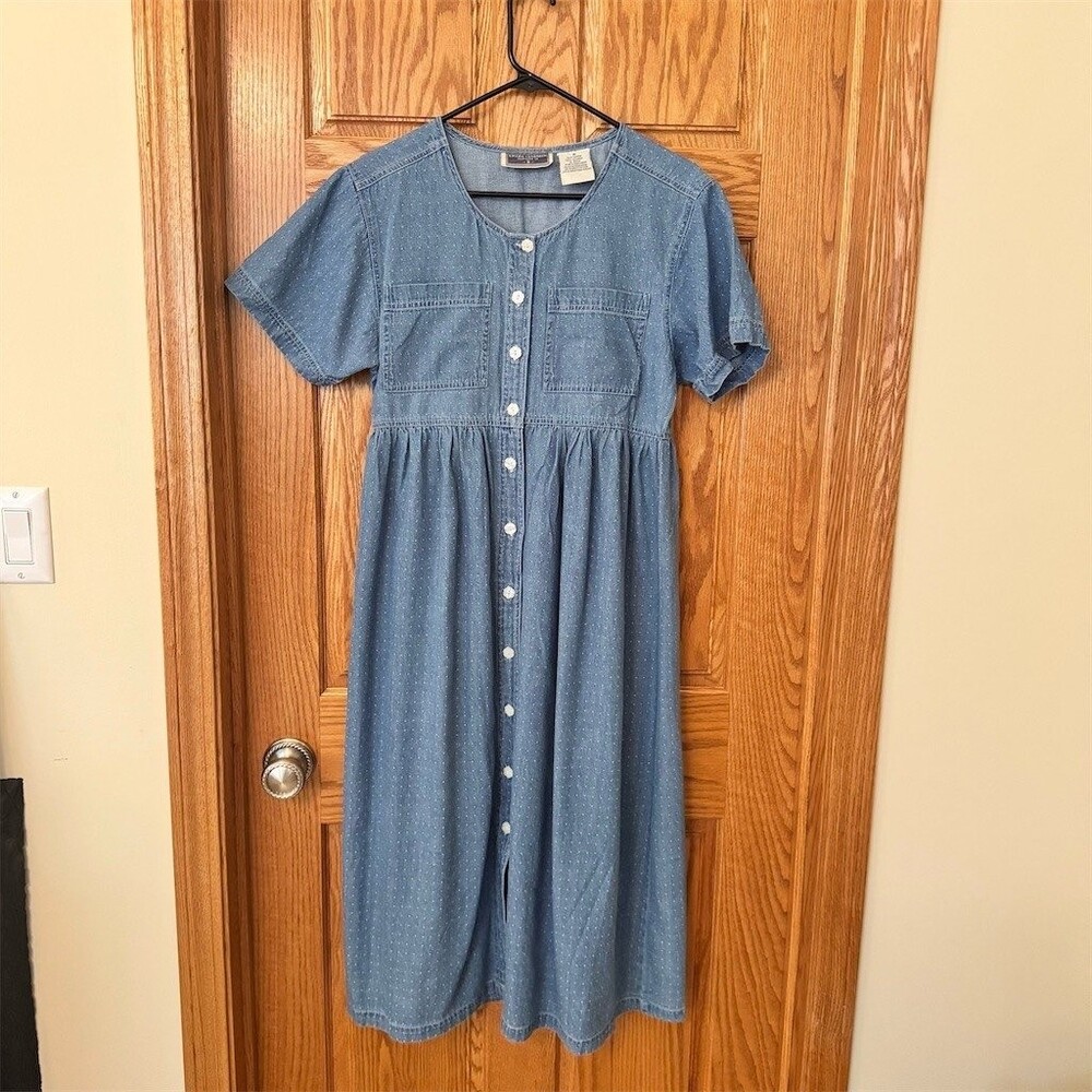 Erika Classics Denim Shirt Dress Womens M Blue Midi Button Front Pockets